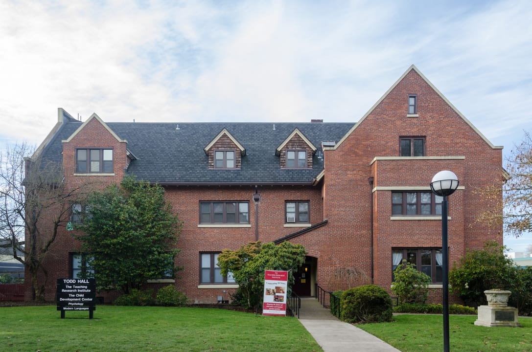 Brick exterior of Todd Hall, the 1912 first dormitory at Western Oregon University in Monmouth, named for Dean of Women Jessica Todd.