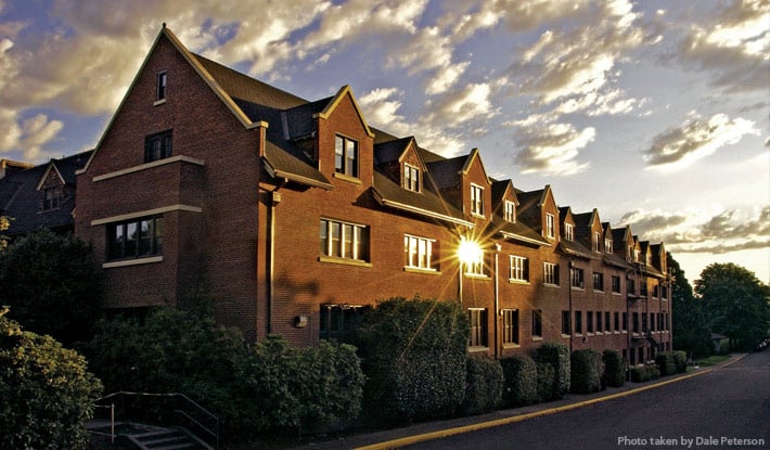 Brick exterior of Todd Hall, the 1912 first dormitory at Western Oregon University in Monmouth, named for Dean of Women Jessica Todd.