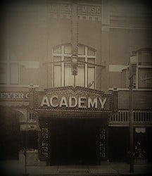 Historic Academy Theatre facade in downtown Meadville, Pennsylvania, an 1885 opera house turned community performing arts venue at 275 Chestnut Street