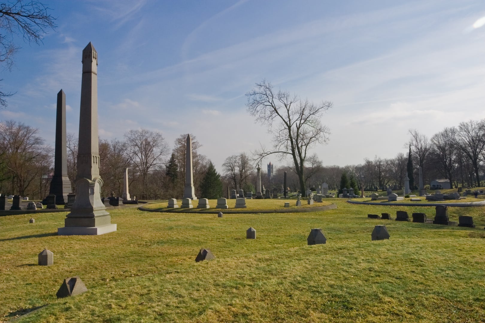 Allegheny Cemetery spires and monuments in Pittsburgh, Pennsylvania, fourth-oldest incorporated public cemetery in the United States