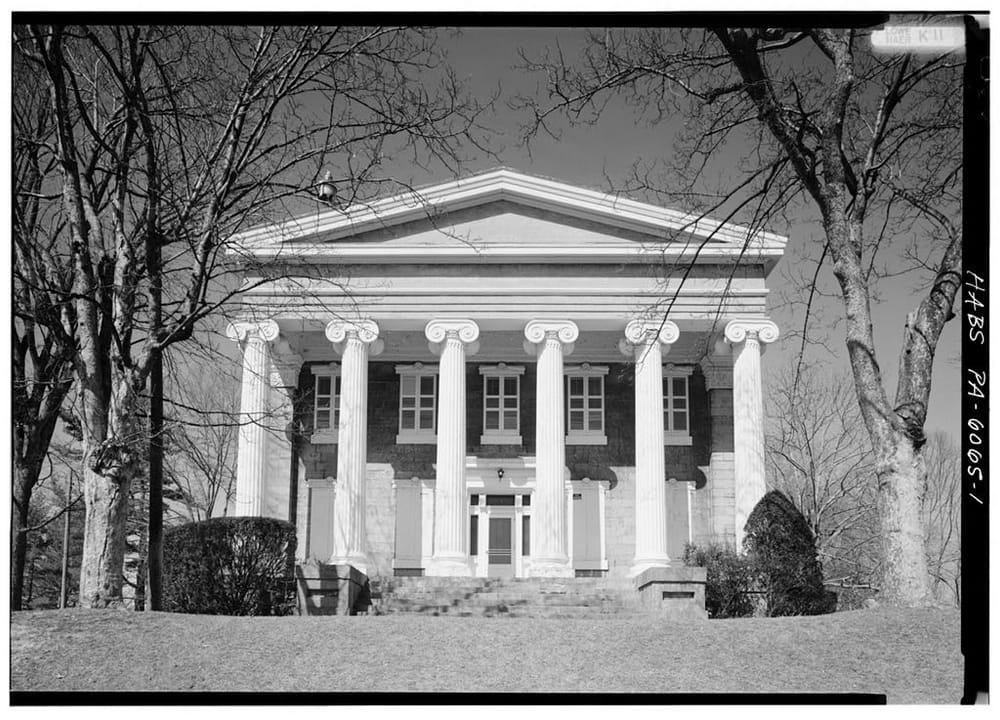 Exterior of Baker Mansion, the 1849 Greek Revival stone ironmaster's home on Oak Lane in Altoona, Blair County, Pennsylvania