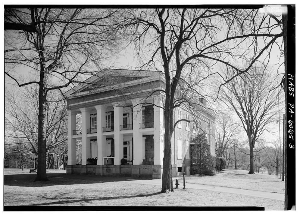 HABS photograph (PA-6065-3) of the mansion's front/side corner, winter, bare trees, same HABS survey as L1a.
