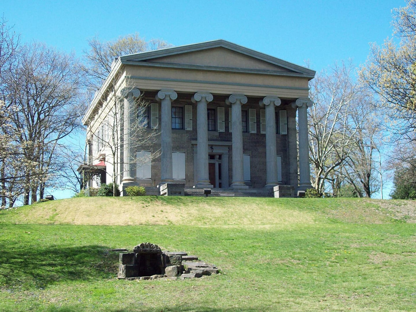 Exterior of Baker Mansion, the 1849 Greek Revival stone ironmaster's home on Oak Lane in Altoona, Blair County, Pennsylvania