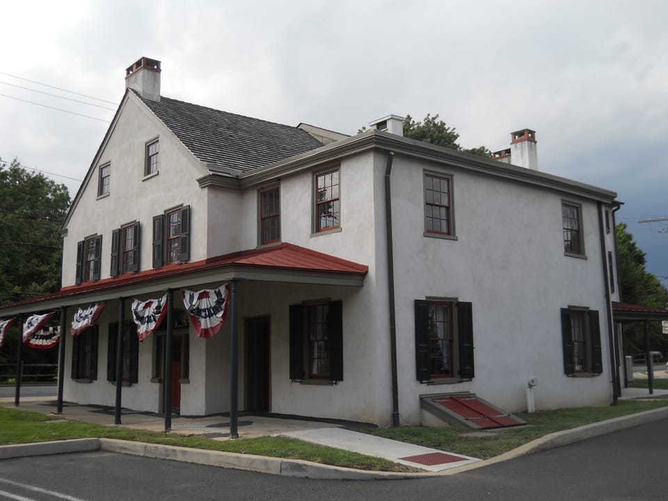 Exterior of the Black Horse Inn at 1432 Bethlehem Pike in Flourtown, Pennsylvania, a 1744 colonial tavern in Springfield Township, Montgomery County.