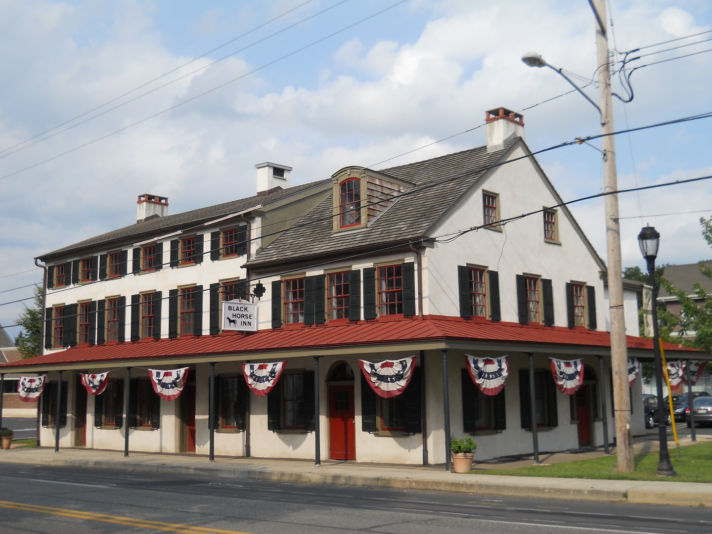 Exterior of the Black Horse Inn at 1432 Bethlehem Pike in Flourtown, Pennsylvania, a 1744 colonial tavern in Springfield Township, Montgomery County.