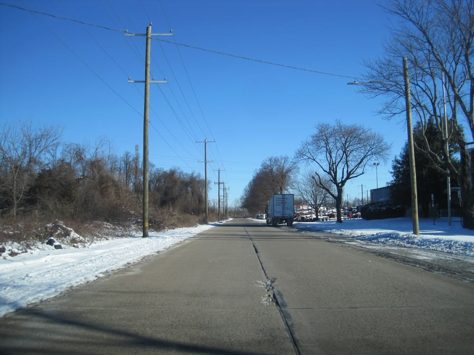 Photo of northbound Old Bristol Pike in Tullytown, Pennsylvania. Photo taken looking north-northeast past the split from U.S. Route 13.