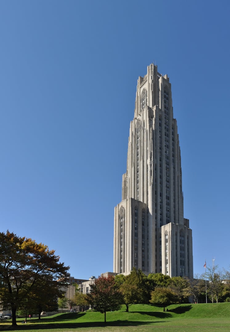 University of Pittsburgh Cathedral of Learning Gothic Revival skyscraper at dusk