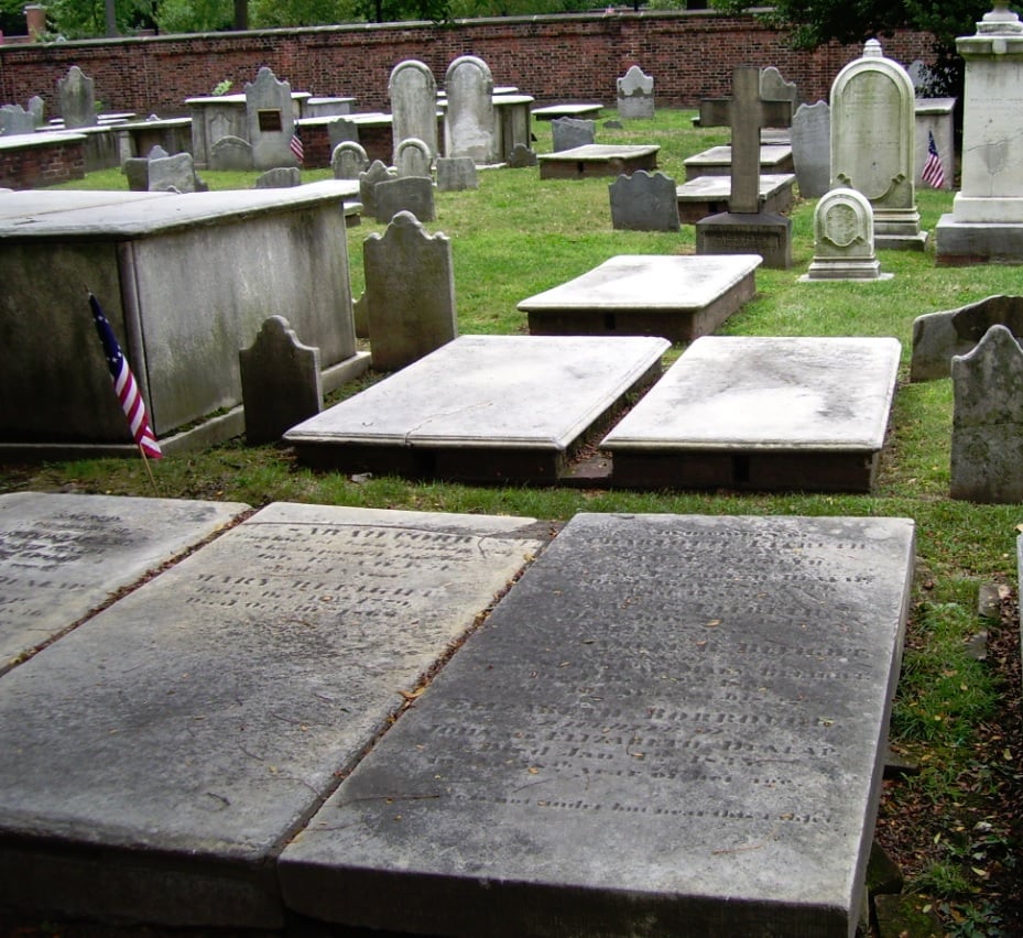 Christ Church Burial Ground at 5th and Arch Streets in Philadelphia, with historic gravestones