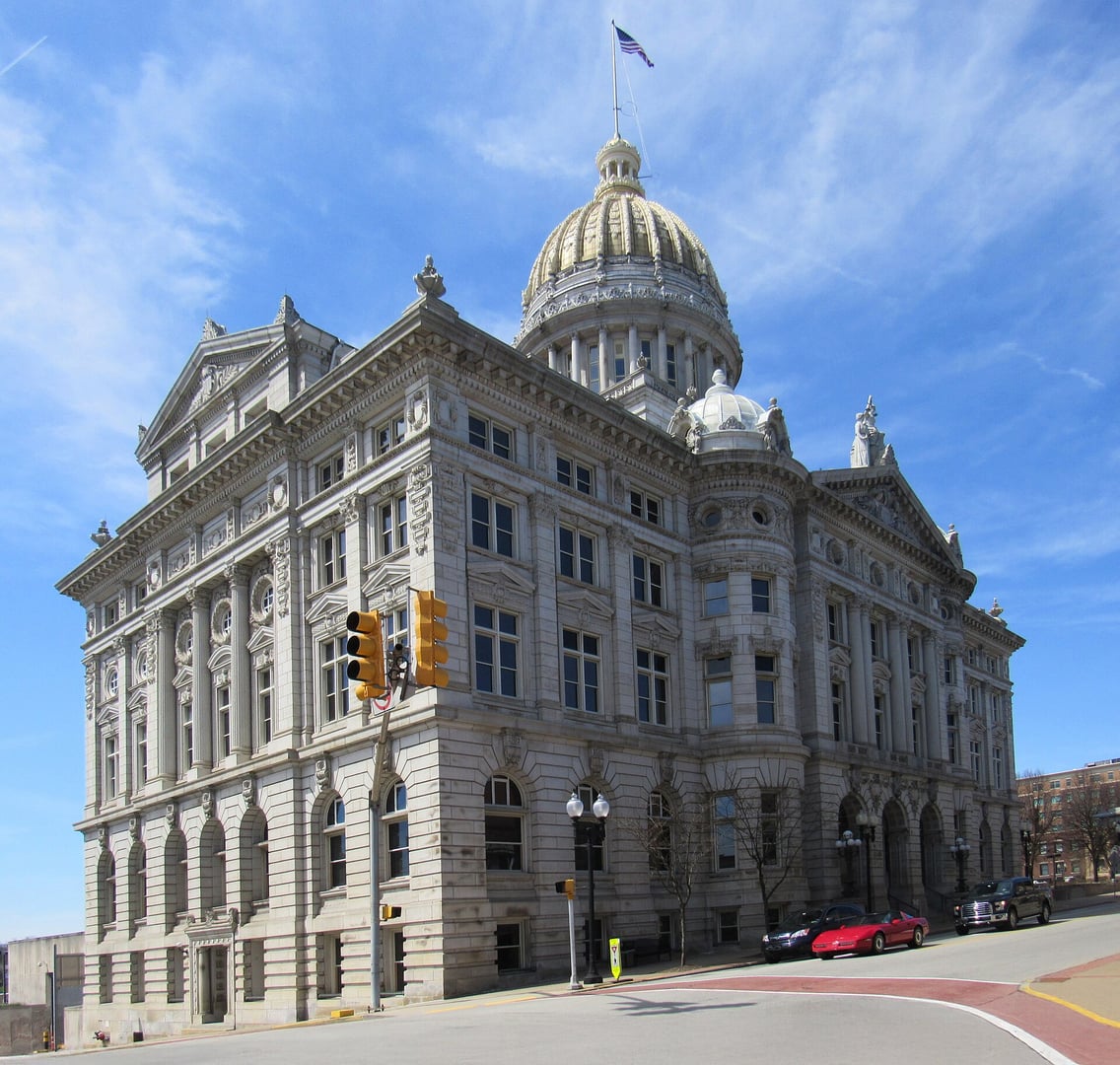 The 1906 Beaux Arts Westmoreland County Courthouse at 2 North Main Street in Greensburg, Pennsylvania, adjacent to the former county jail site
