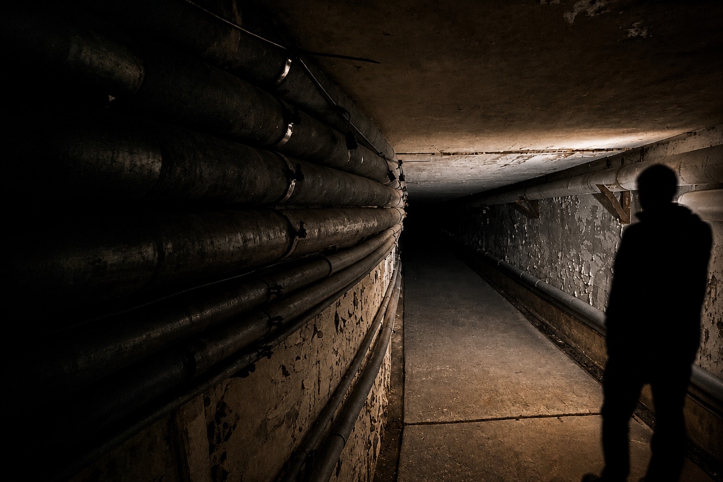 A figure in silhouette stands in a dim utility tunnel lined with insulated pipes beneath Cresson Sanatorium and Prison.