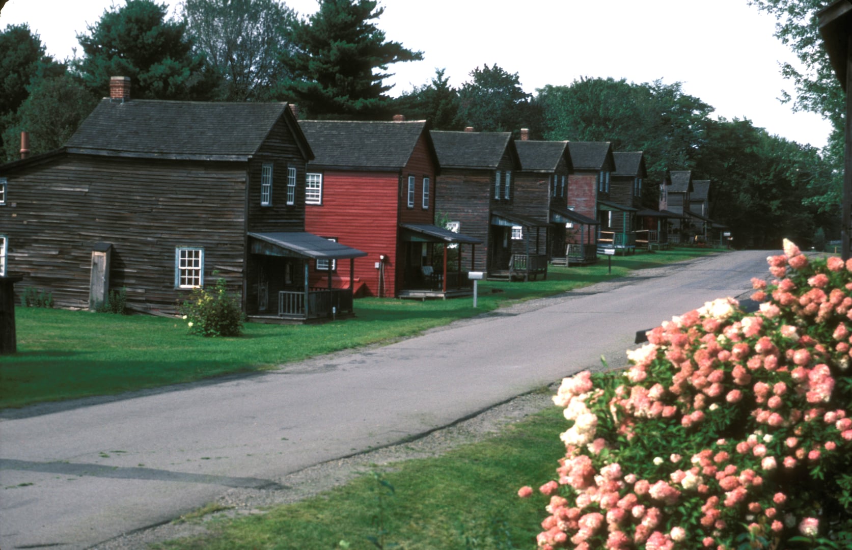 Row of preserved 19th-century miner double-houses along the main street of Eckley Miners' Village in Luzerne County, Pennsylvania