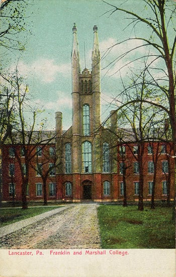 1910 photograph of Old Main, the Gothic Revival central building of Franklin & Marshall College in Lancaster, Pennsylvania.