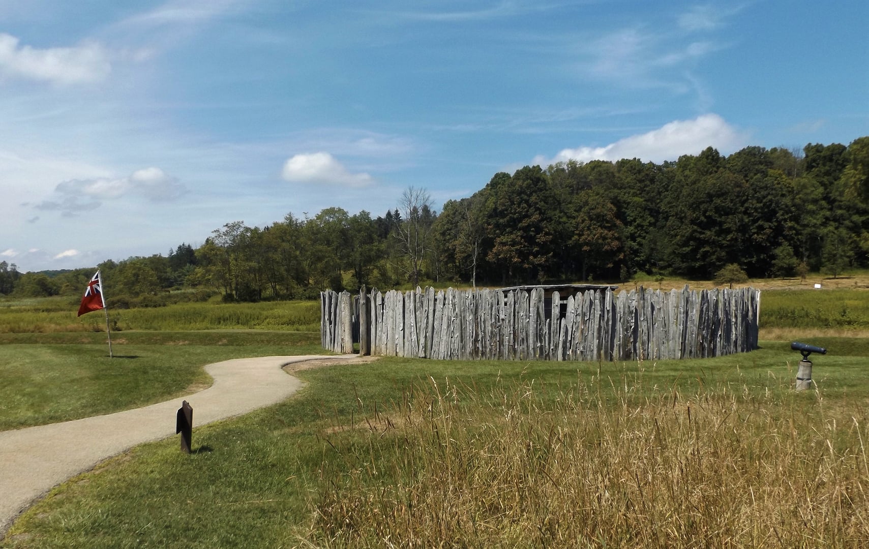 Reconstructed circular wooden stockade of Fort Necessity National Battlefield in Farmington, Pennsylvania, site of George Washington's 1754 battle.