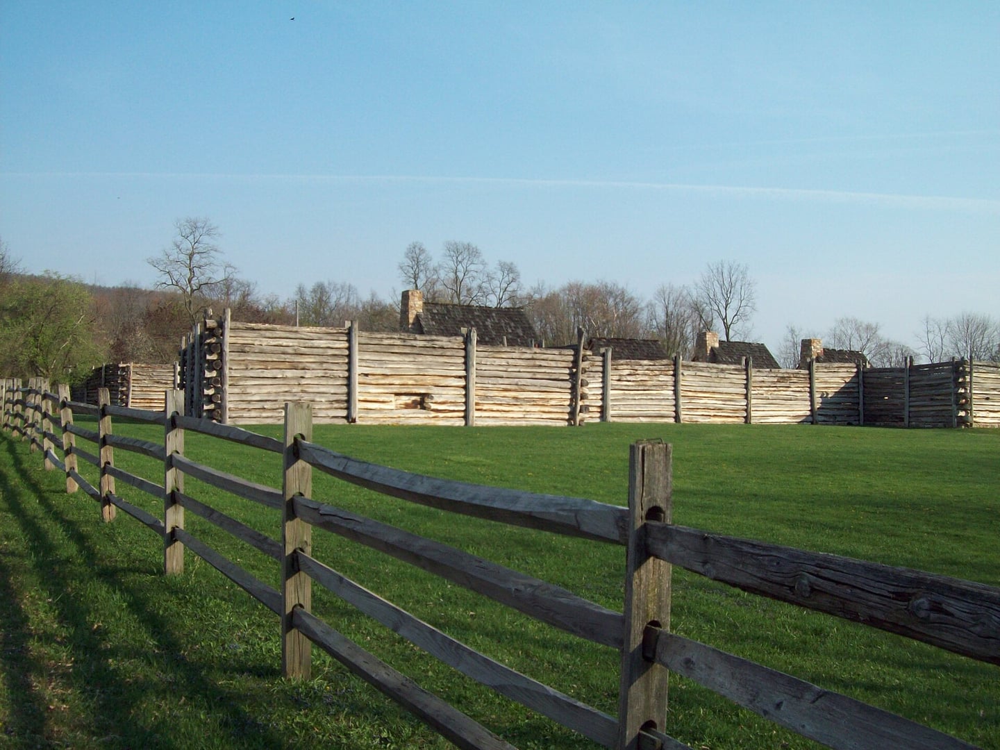 The reconstructed log stockade and fence of Fort Roberdeau in Sinking Valley, Tyrone Township, Blair County, Pennsylvania, photographed in April 2010