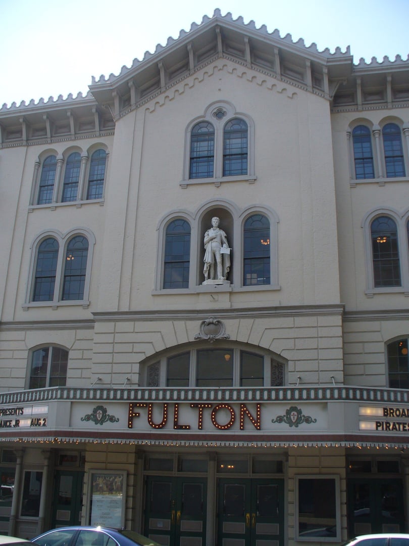 Exterior facade of the 1852 Fulton Opera House on North Prince Street in downtown Lancaster, Pennsylvania