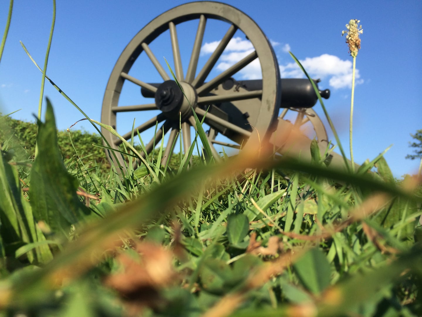 A 3-inch Ordnance rifle cannon silhouetted against the sky overlooking the Gettysburg battlefield in Pennsylvania