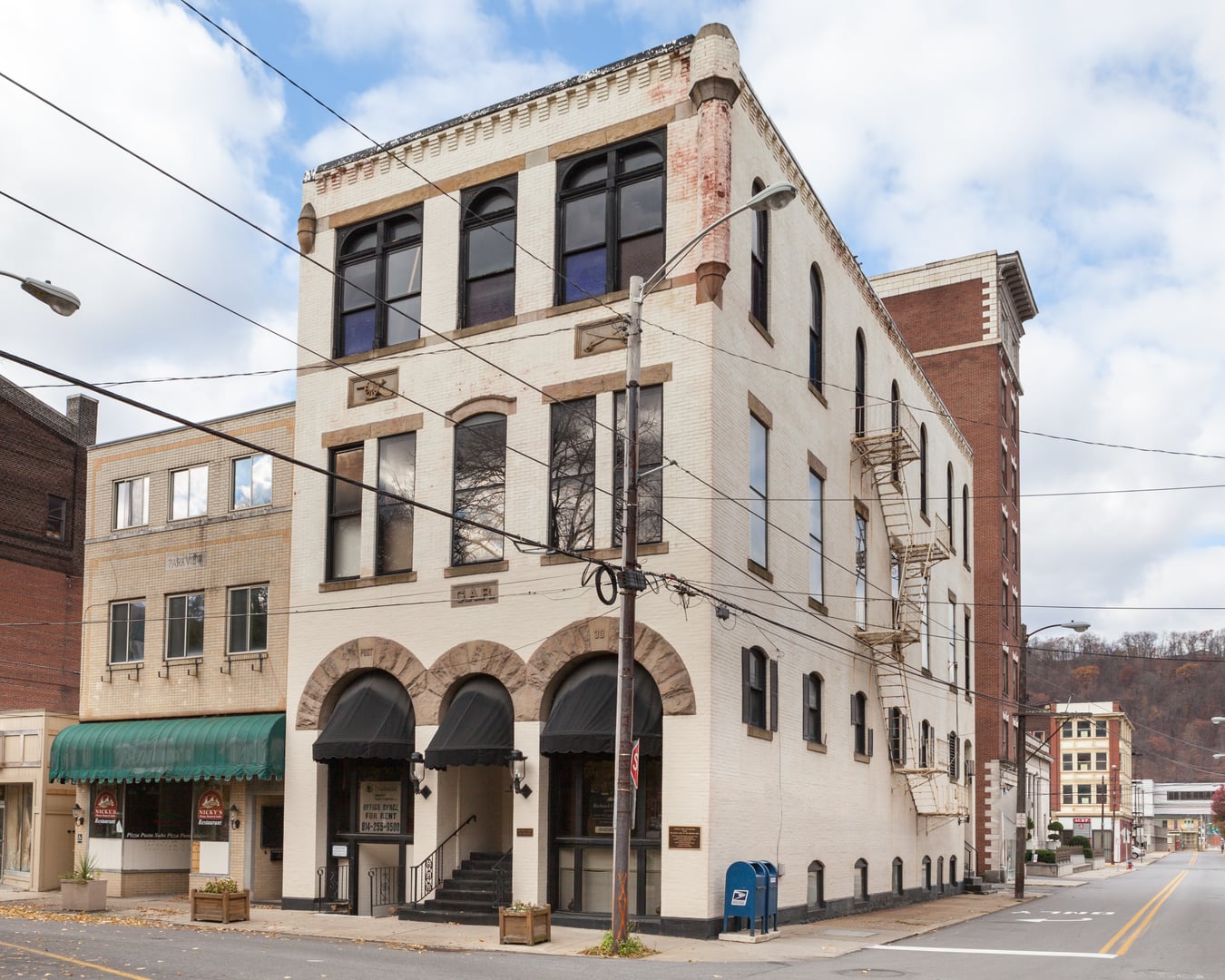Corner view of the Grand Army of the Republic Hall, an 1893 three-story brick building in downtown Johnstown, Pennsylvania