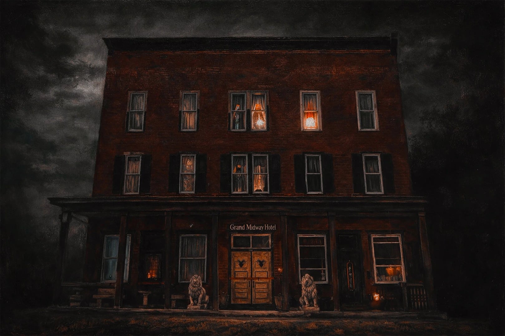 Painted facade of the historic Grand Midway Hotel in Windber, Pennsylvania, a former coal-town hotel known for paranormal activity