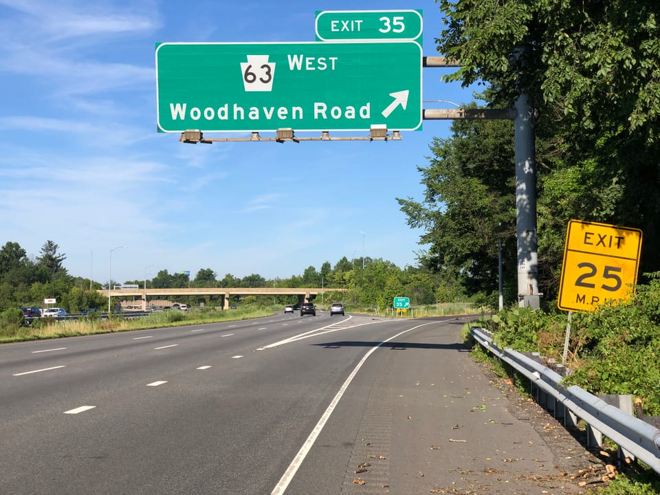 View south along Interstate 95 (Delaware Expressway) at Exit 35 (Pennsylvania State Route 63 WEST, Woodhaven Road) in Bensalem Township, Bucks County, Pennsylvania