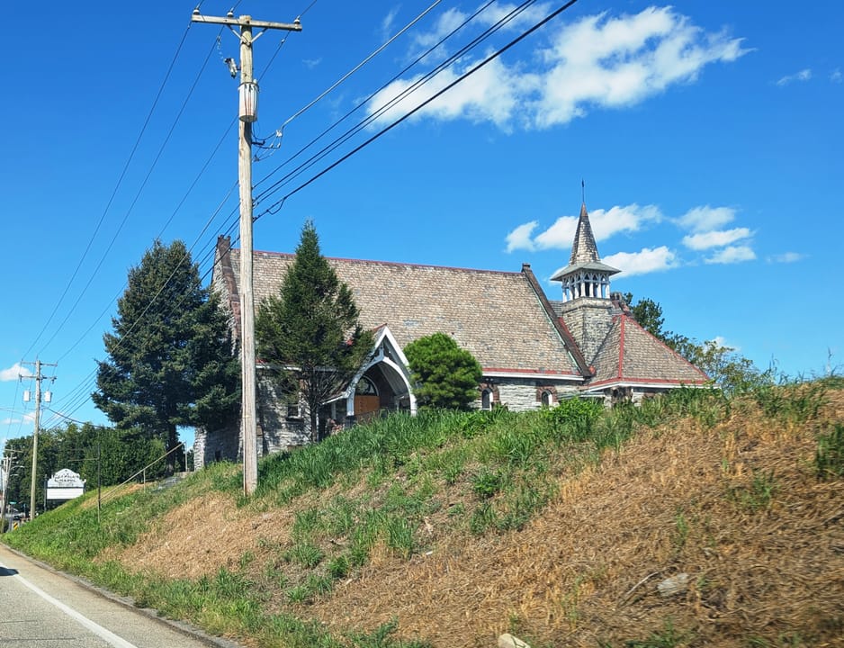 Photo of the abandoned Coleman Chapel in West Lebanon Township, Pennsylvania. Photo taken from U.S. Route 422 (Cumberland Street) looking west-northwest.