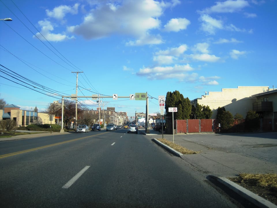 Photo of eastbound U.S. Route 422 (Cumberland Street) in Lebanon, Pennsylvania approaching 12th Street where US 422 splits into a one-way pair. Photo taken looking east between 16th Street and 12th Street.