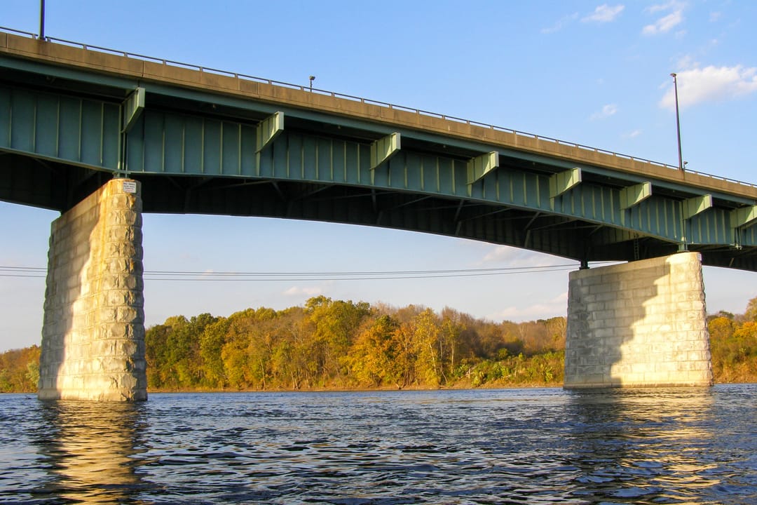 New Hope-Lambertville Toll Bridge over Delaware River, Solebury Township PA - Delaware Township NJ (looking southwest by kayak)