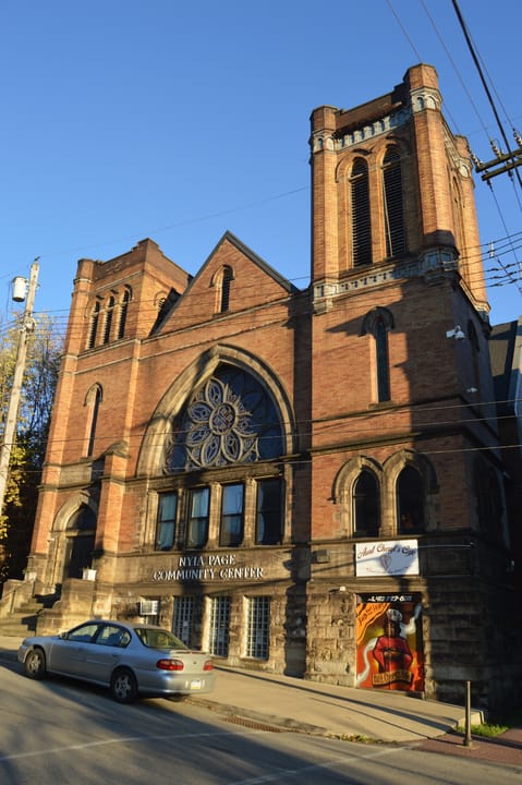 Front of the former First Presbyterian Church (now the Nyia Page Community Center), located at 416 Library Street in Braddock, Pennsylvania, United States.