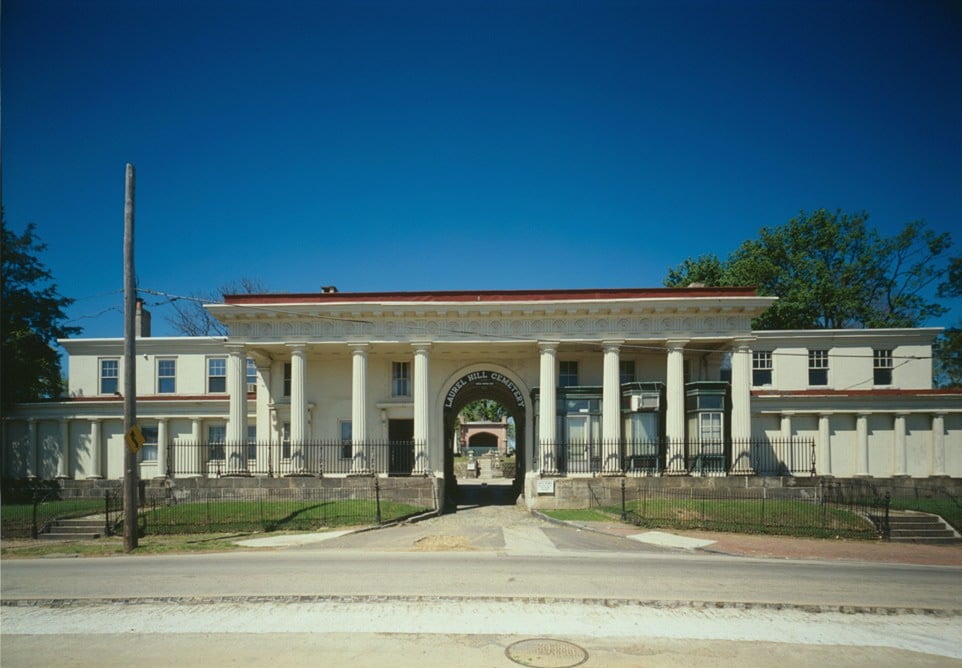 John Notman's 1836 Roman Doric gatehouse at the Ridge Avenue entrance to Laurel Hill Cemetery in Philadelphia