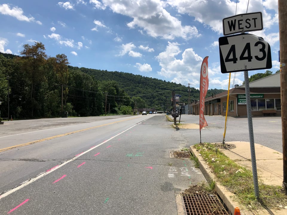 View west along Pennsylvania State Route 443 (Blakeslee Boulevard) just west of U.S. Route 209 in Lehighton, Carbon County, Pennsylvania
