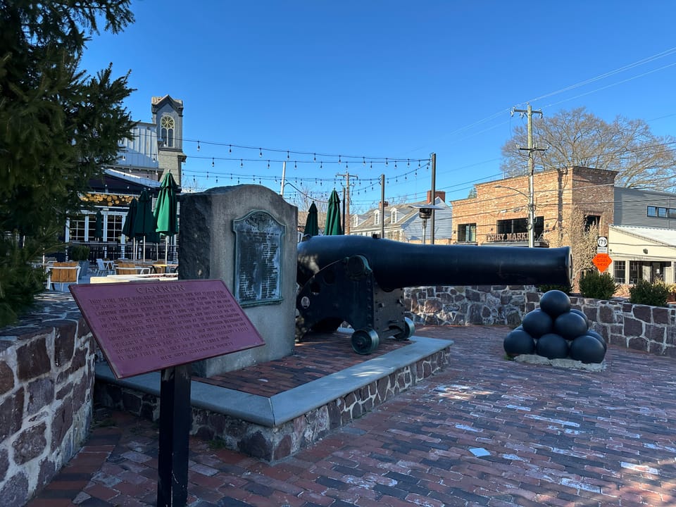 A 9-inch gun from the USS Minnesota (1855) on display in New Hope, Pennsylvania. Located in front of the Logan Inn (visible on left of photo).
