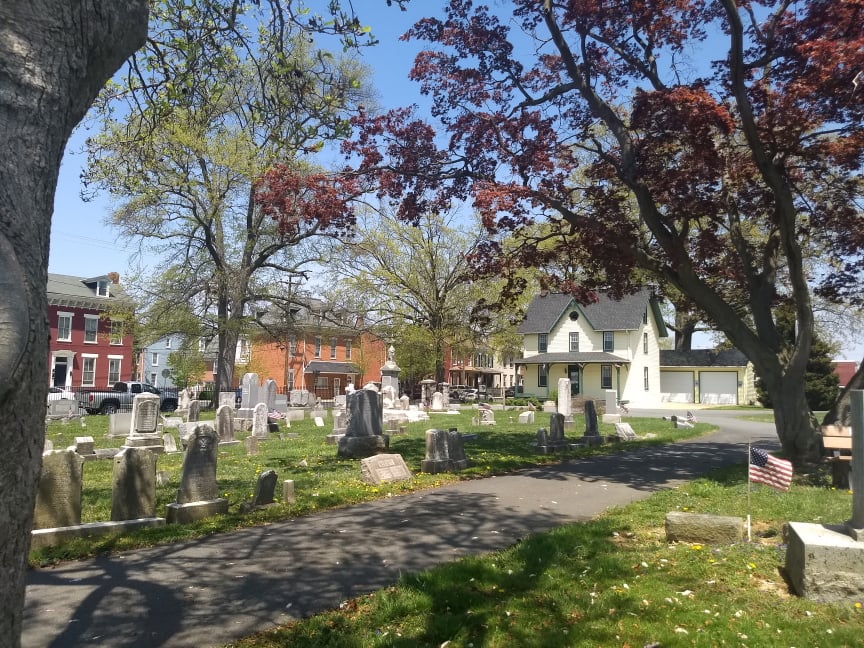 Old Brick Burial Yard section of Mount Bethel Cemetery in Columbia, Pennsylvania, with weathered colonial-era headstones