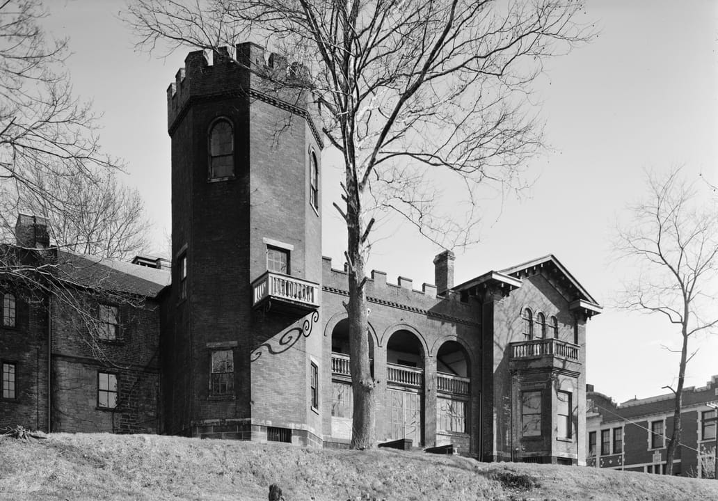 Front facade of historic Nemacolin Castle in Brownsville, Pennsylvania