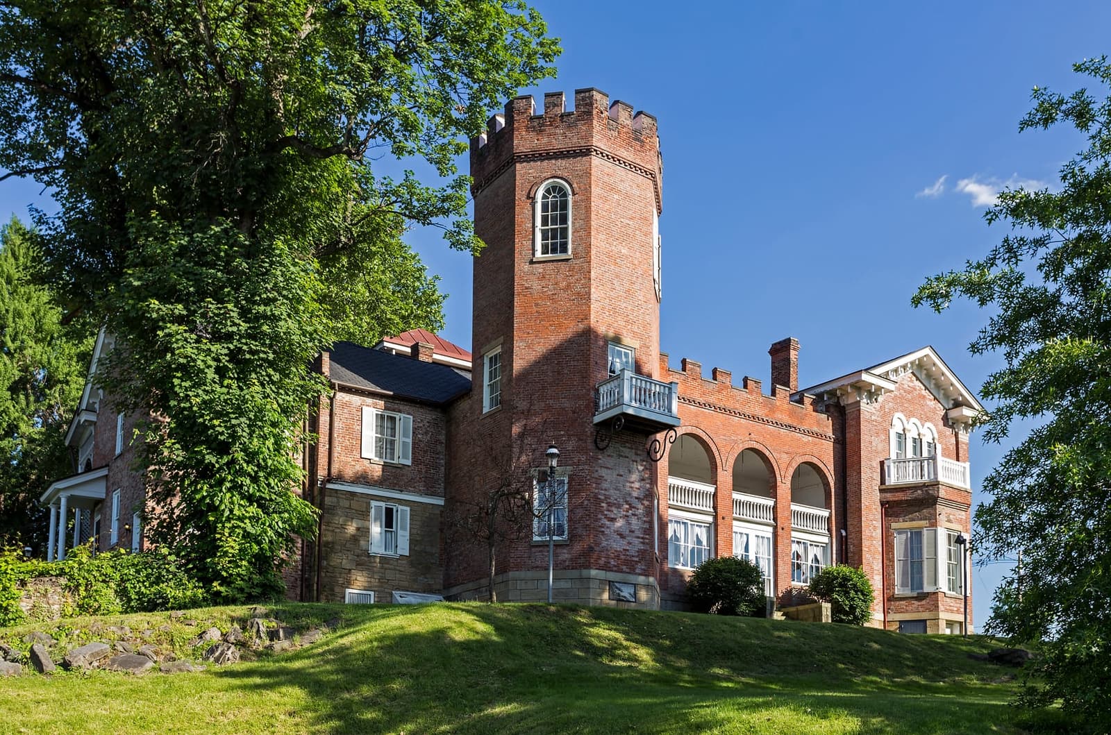 Front facade of historic Nemacolin Castle in Brownsville, Pennsylvania