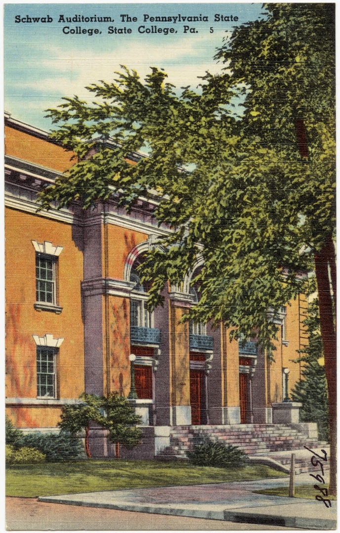 Historic postcard view of Schwab Auditorium at Penn State University in State College, Pennsylvania