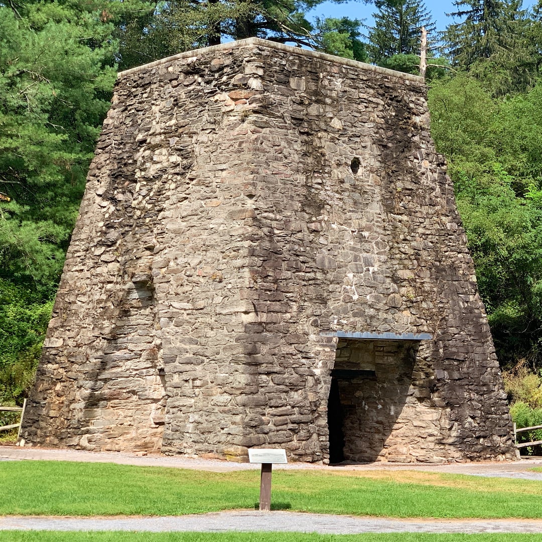Pine Grove Furnace stone iron-works stack ruin, 1764-built colonial-era ironmaking site in Cumberland County, Pennsylvania