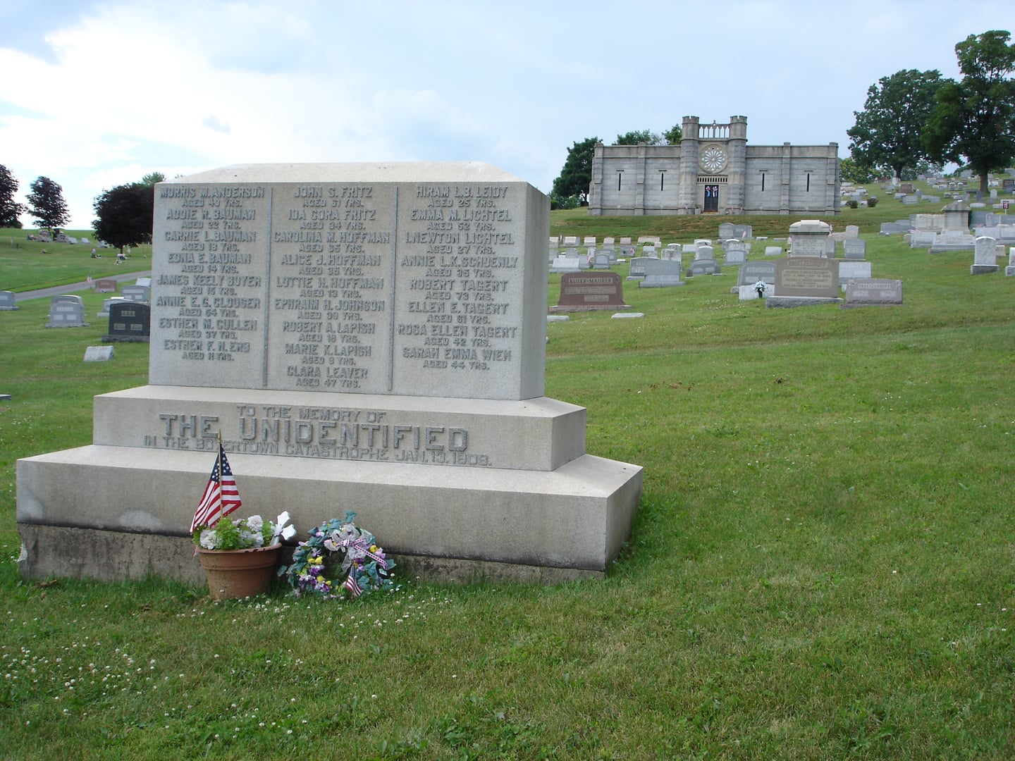 Memorial marking the Rhoads Opera House fire site in downtown Boyertown, Pennsylvania