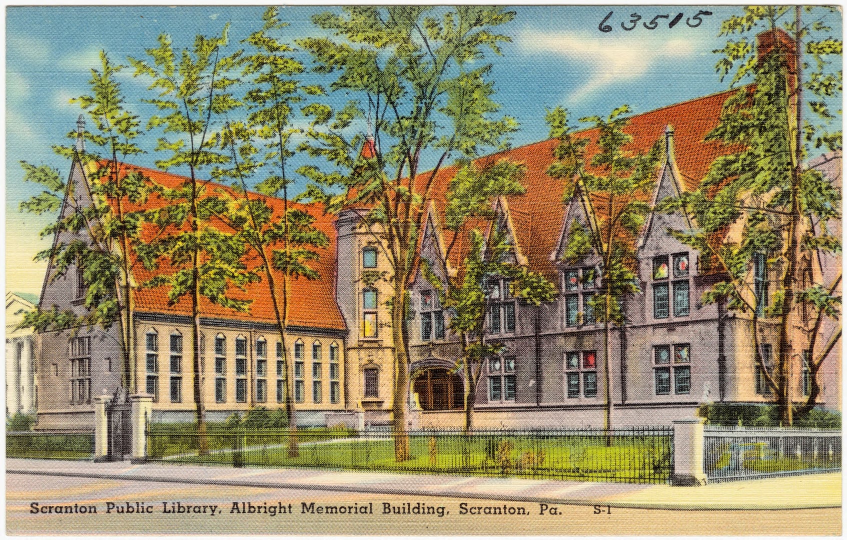 Vintage view of the Scranton Public Library, Albright Memorial Building, a stone library in Scranton, Pennsylvania