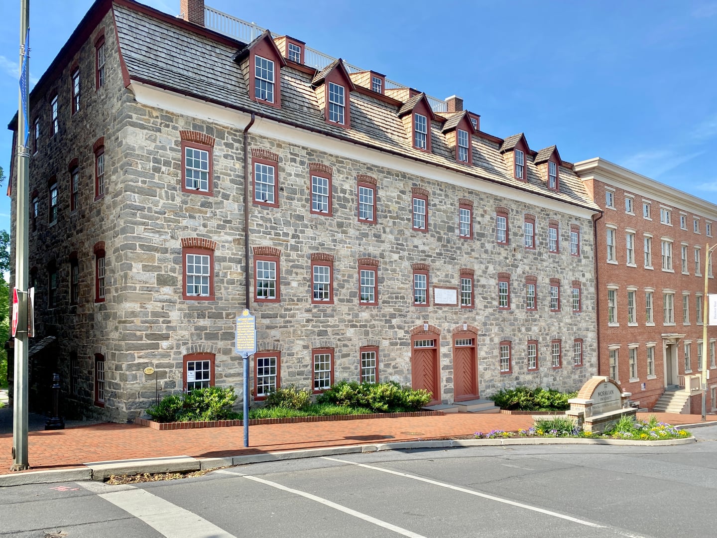 The limestone Single Brethren's House on Moravian University's campus at Main and Church Streets in Bethlehem, Pennsylvania
