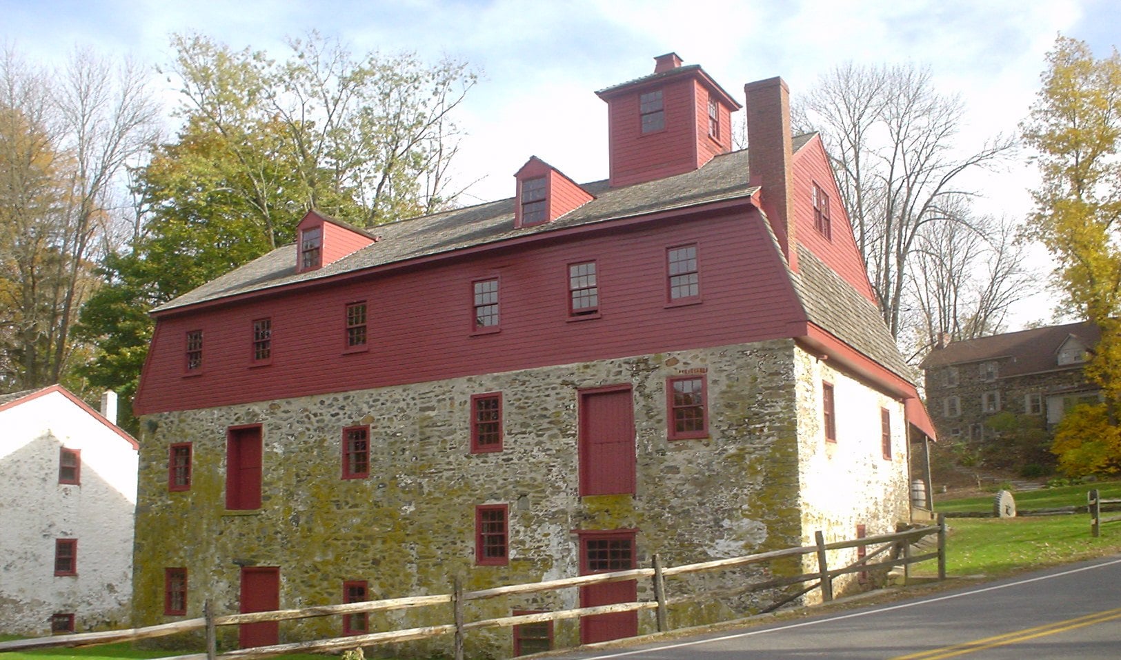 Newlin Grist Mill historic stone mill complex along US Route 1 in Concord Township, Delaware County, Pennsylvania