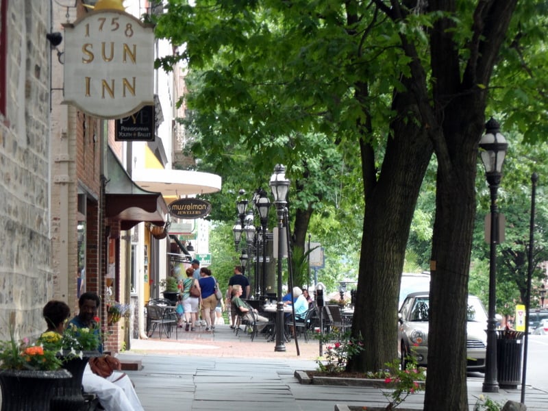 The 1758 Moravian Sun Inn on Main Street in Bethlehem, Pennsylvania, limestone facade