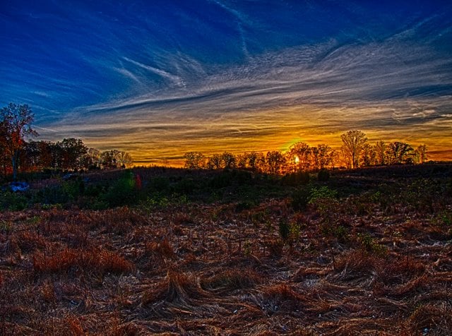 Autumn sunset over the stone-walled Triangular Field at Gettysburg National Military Park near Devil's Den, Pennsylvania