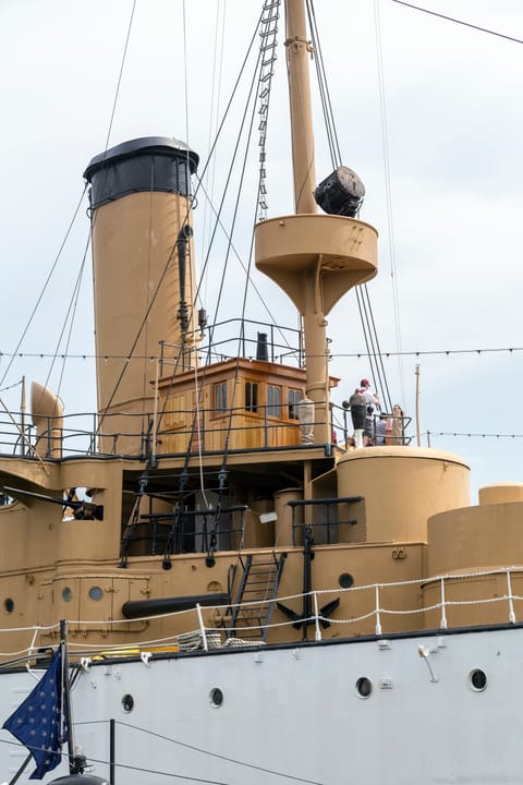 The pilothouse and forward superstructure of USS Olympia, open to visitors at Penn's Landing, 2015.