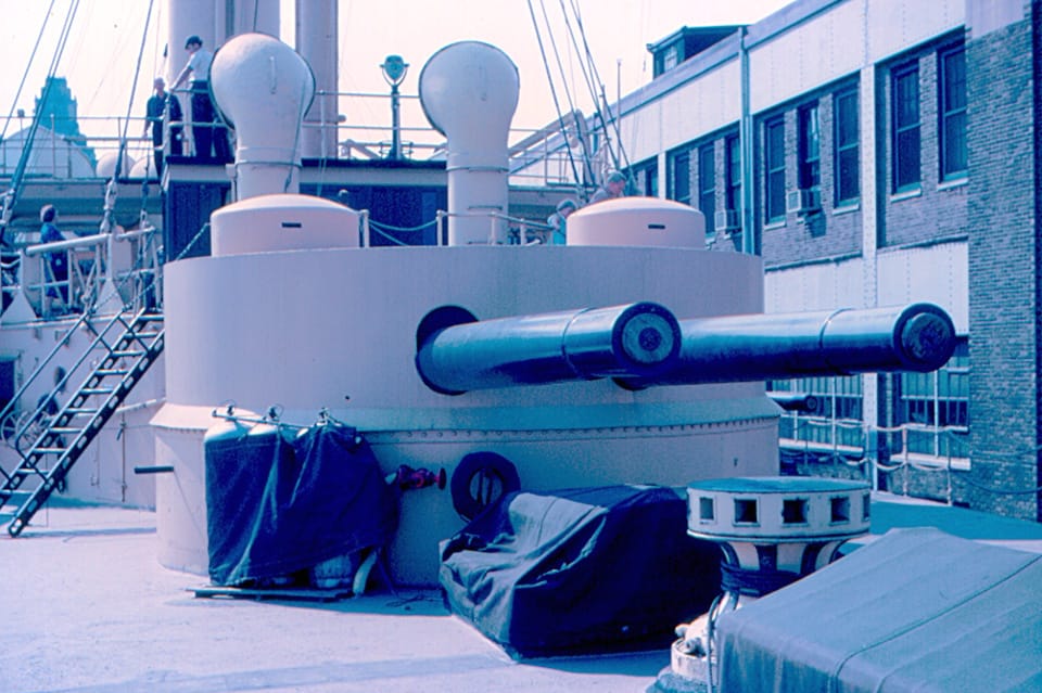 USS Olympia's forward eight-inch gun turret on deck, Philadelphia.