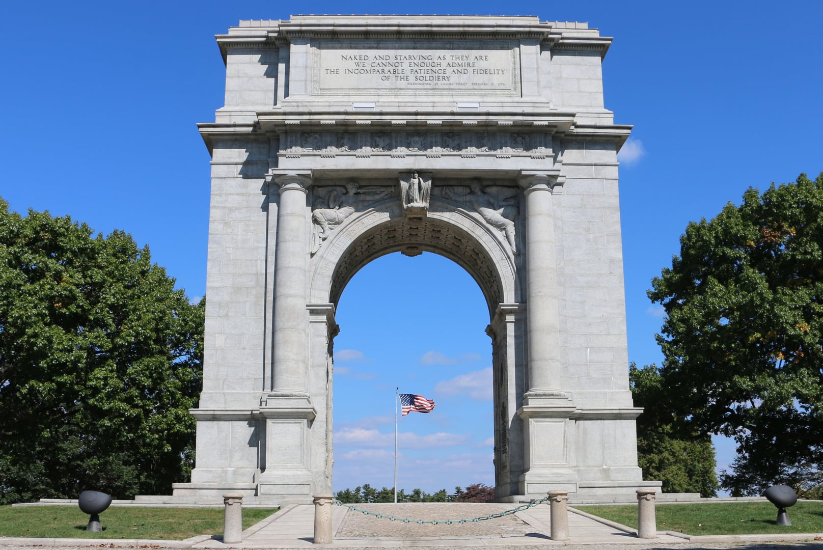 The United States National Memorial Arch at Valley Forge National Historical Park, Pennsylvania, set in autumn parkland