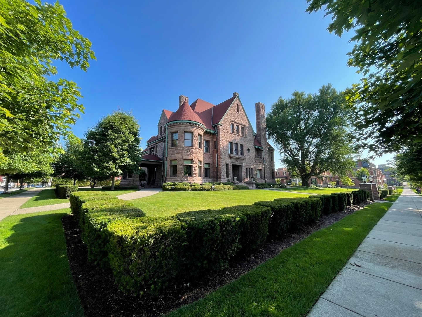 Exterior of the Watson-Curtze Mansion, an 1891 Richardsonian Romanesque brownstone on West Sixth Street in Erie, Pennsylvania