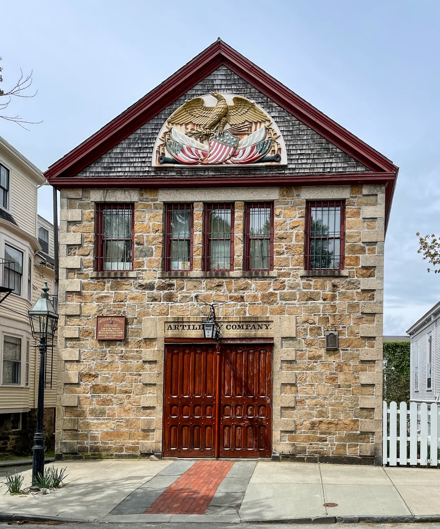 Greek Revival stone-and-brick armory of the Artillery Company of Newport on Clarke Street, Newport, Rhode Island