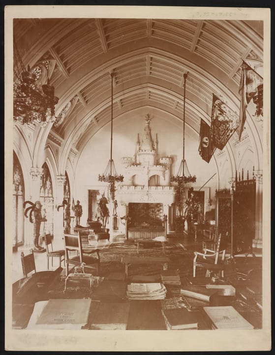 The Gothic Room at Belcourt, with its vaulted ceiling and great fireplace, photographed by Frank H. Child, 1895.