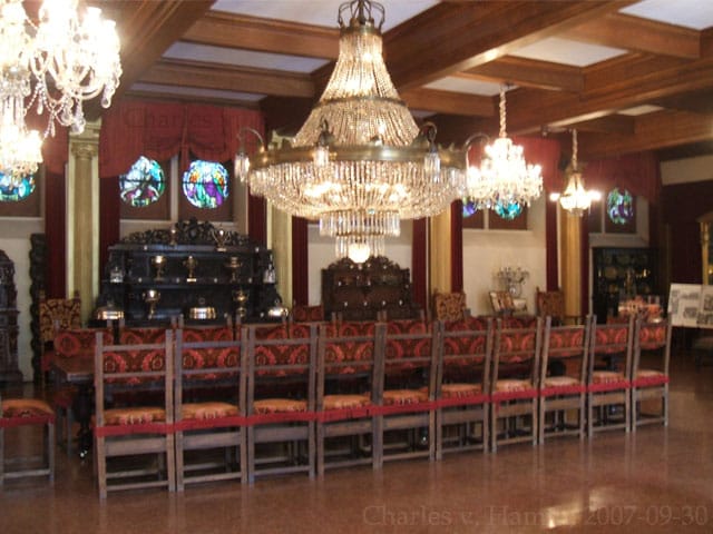 The Banquet Hall of Belcourt Castle, with its central chandelier, photographed in 2007.