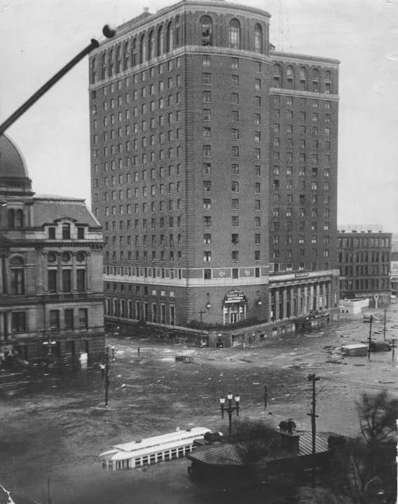 The Biltmore Hotel and Providence City Hall surrounded by flood waters during the Great New England Hurricane of September 21, 1938.