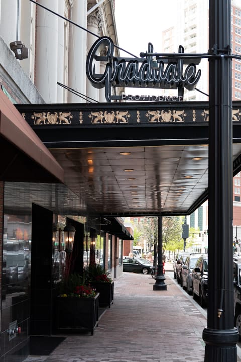 Street-level view of the "Graduate" marquee sign and entrance canopy at the former Biltmore Hotel, Providence, Rhode Island.